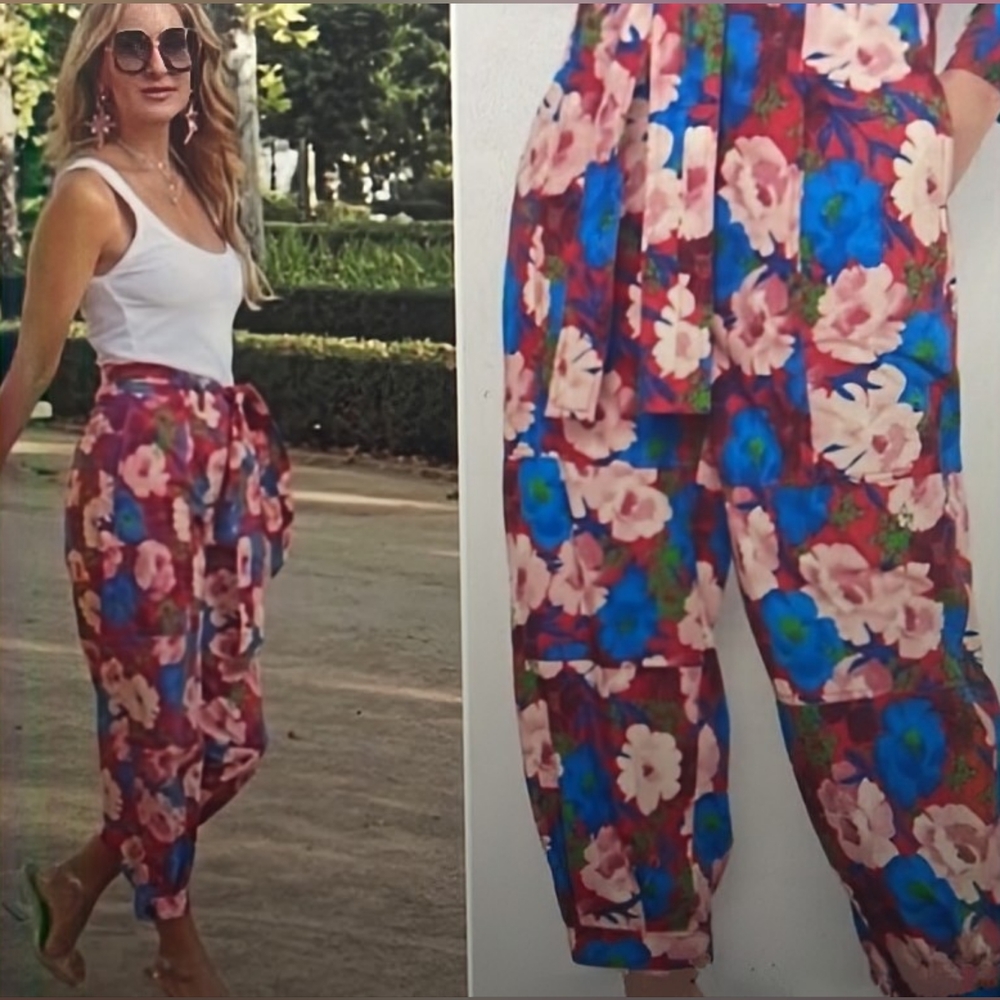 ZARA Bold Floral Cropped Cargo Ankle Pants Size S High Waist Pink Red Blue NWT - Picture 5 of 16